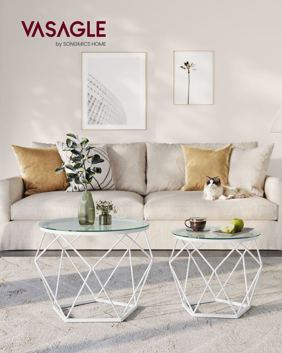 Set of 2 Round Coffee Tables – Steel Frame – Transparent and Cloud White – Removable Tabletops