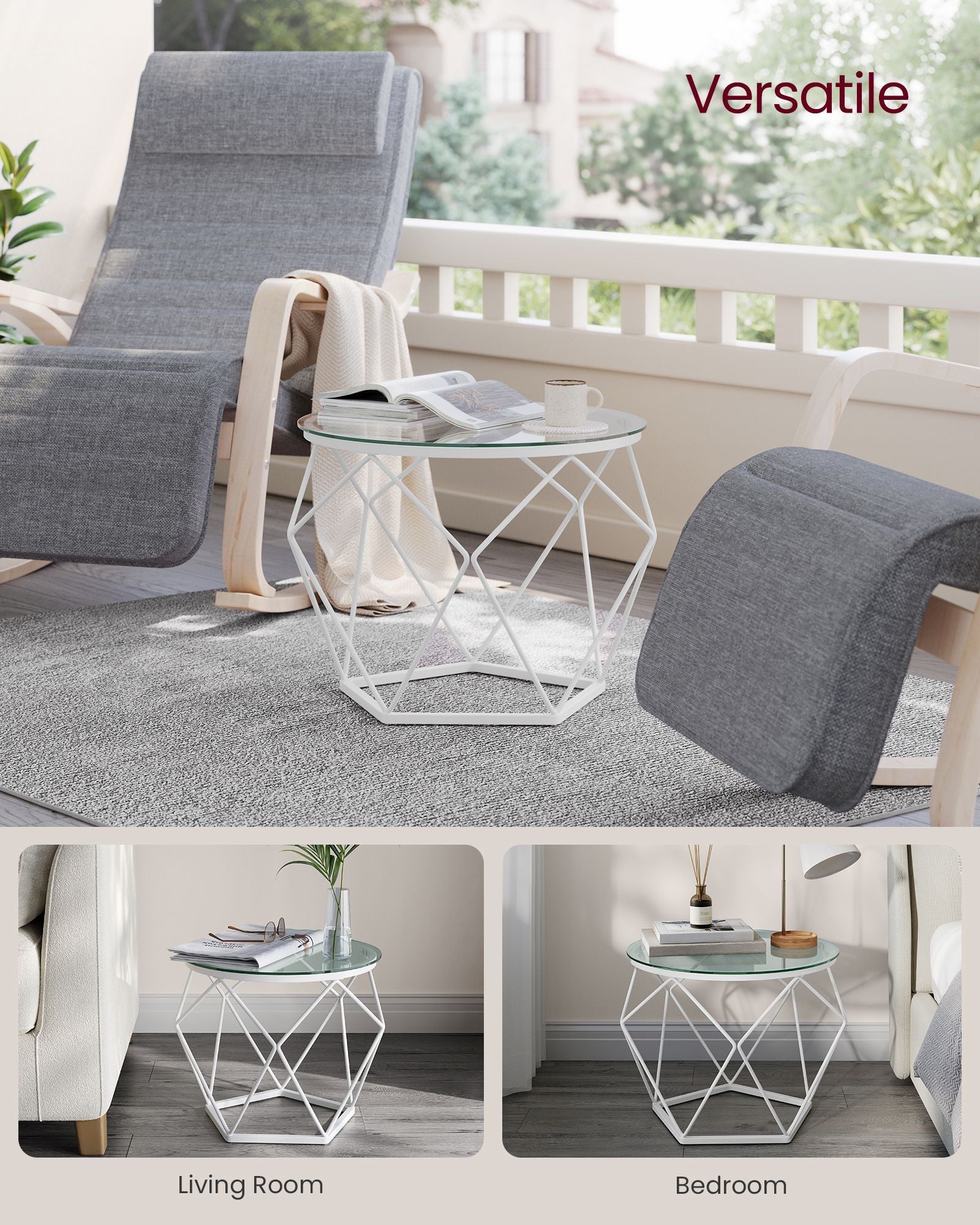 Set of 2 Round Coffee Tables – Steel Frame – Transparent and Cloud White – Removable Tabletops