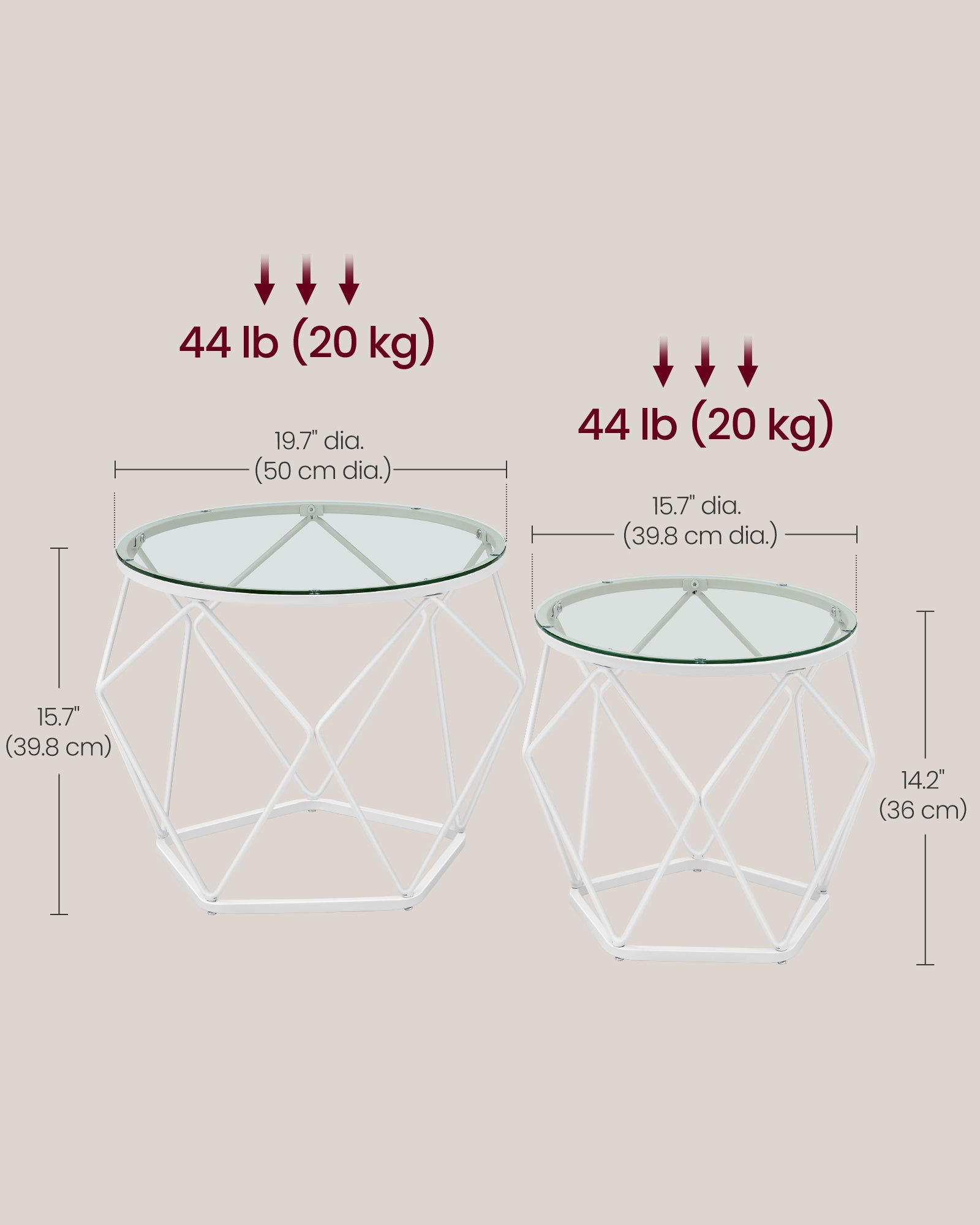 Set of 2 Round Coffee Tables – Steel Frame – Transparent and Cloud White – Removable Tabletops
