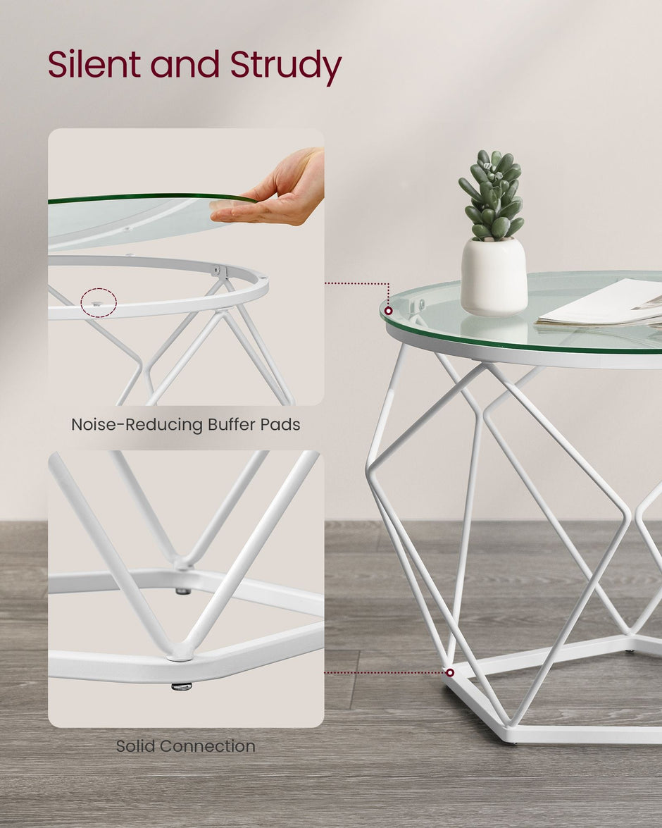 Set of 2 Round Coffee Tables – Steel Frame – Transparent and Cloud White – Removable Tabletops
