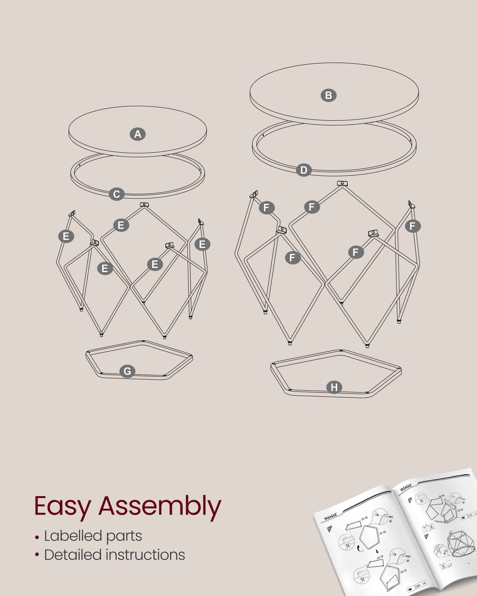 Set of 2 Round Coffee Tables – Steel Frame – Transparent and Cloud White – Removable Tabletops