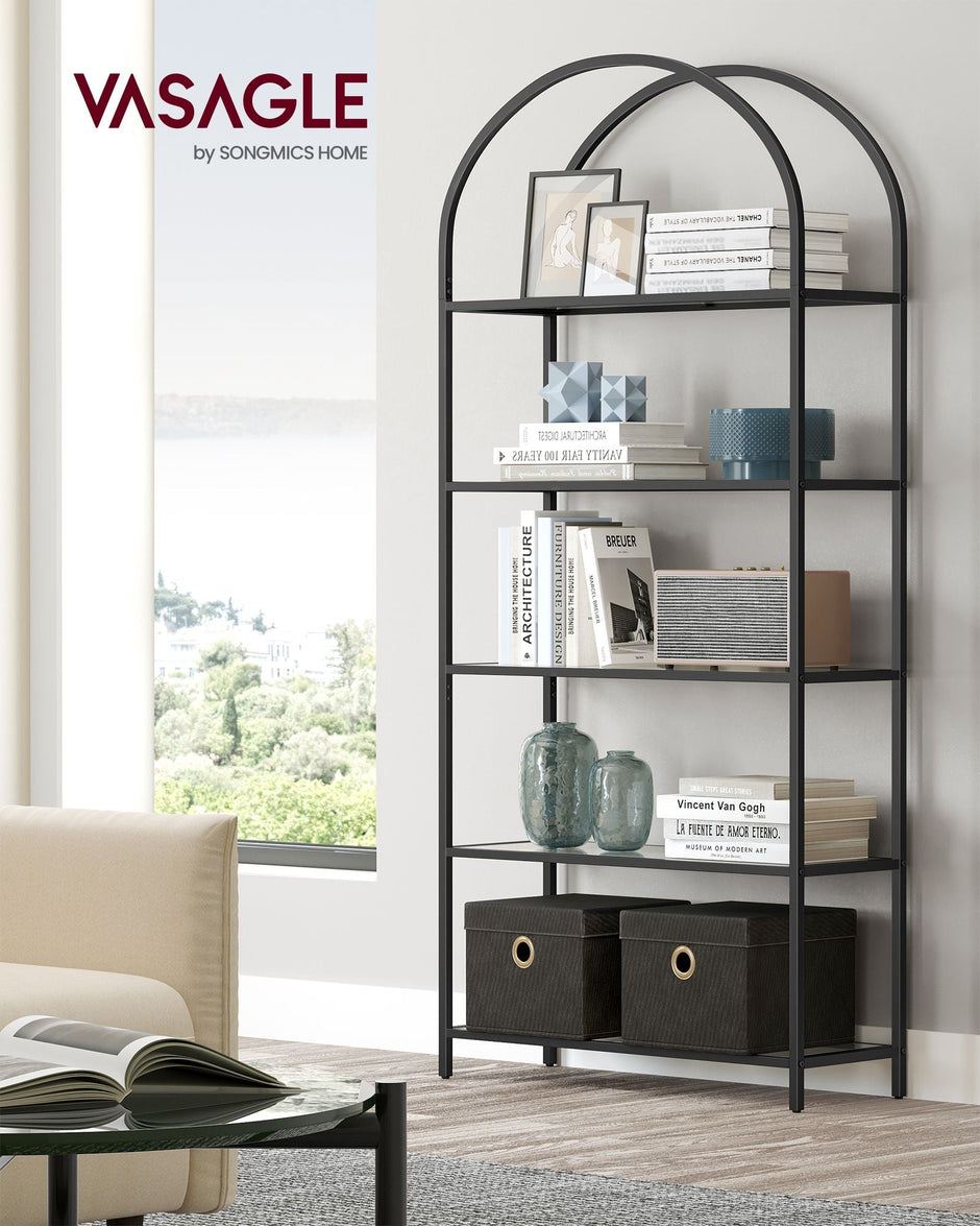 5-Tier Ladder Shelf – Glass and Metal – Black and Gold – Slim Design for Bedroom