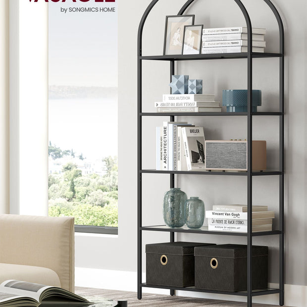5-Tier Ladder Shelf – Glass and Metal – Black and Gold – Slim Design for Bedroom