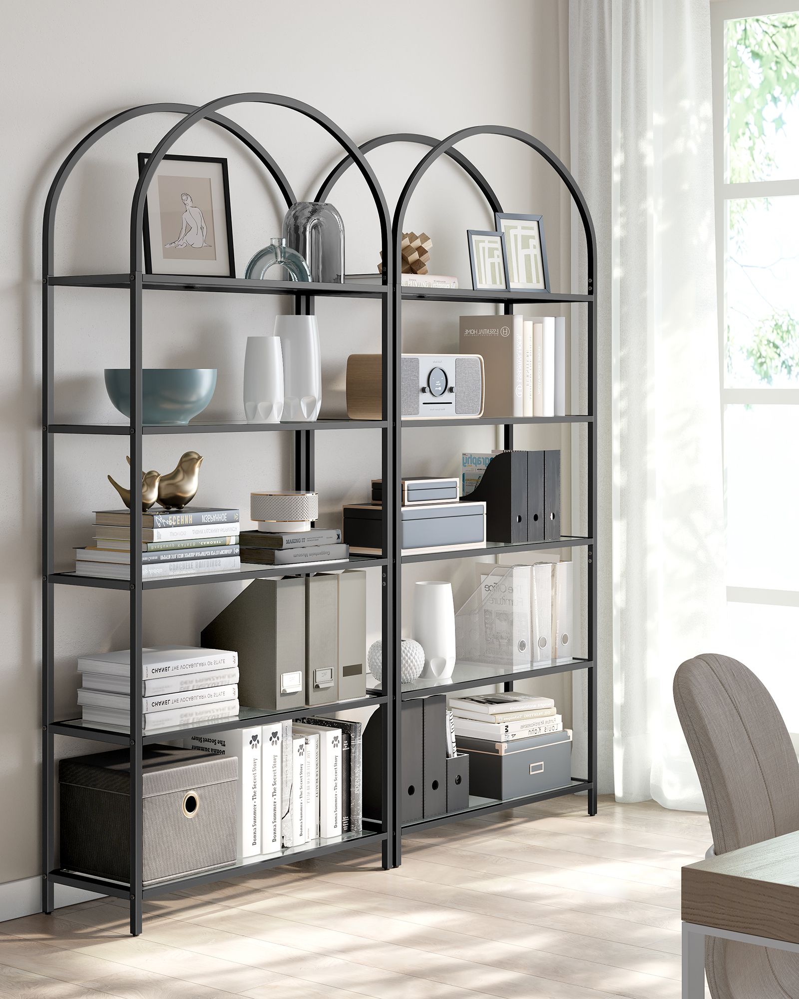 5-Tier Ladder Shelf – Glass and Metal – Black and Gold – Slim Design for Bedroom