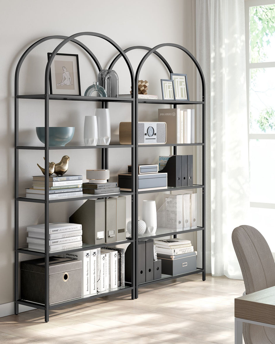 5-Tier Ladder Shelf – Glass and Metal – Black and Gold – Slim Design for Bedroom