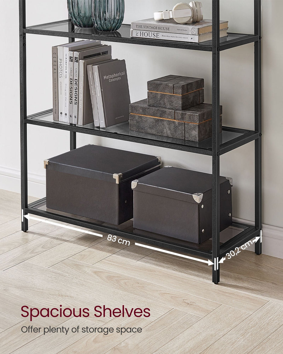 5-Tier Ladder Shelf – Glass and Metal – Black and Gold – Slim Design for Bedroom