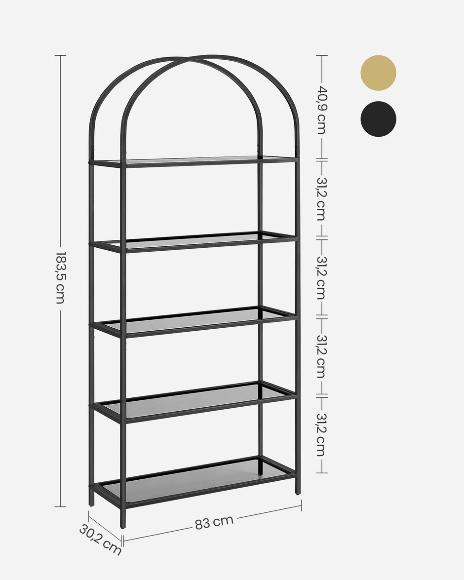 5-Tier Ladder Shelf – Glass and Metal – Black and Gold – Slim Design for Bedroom