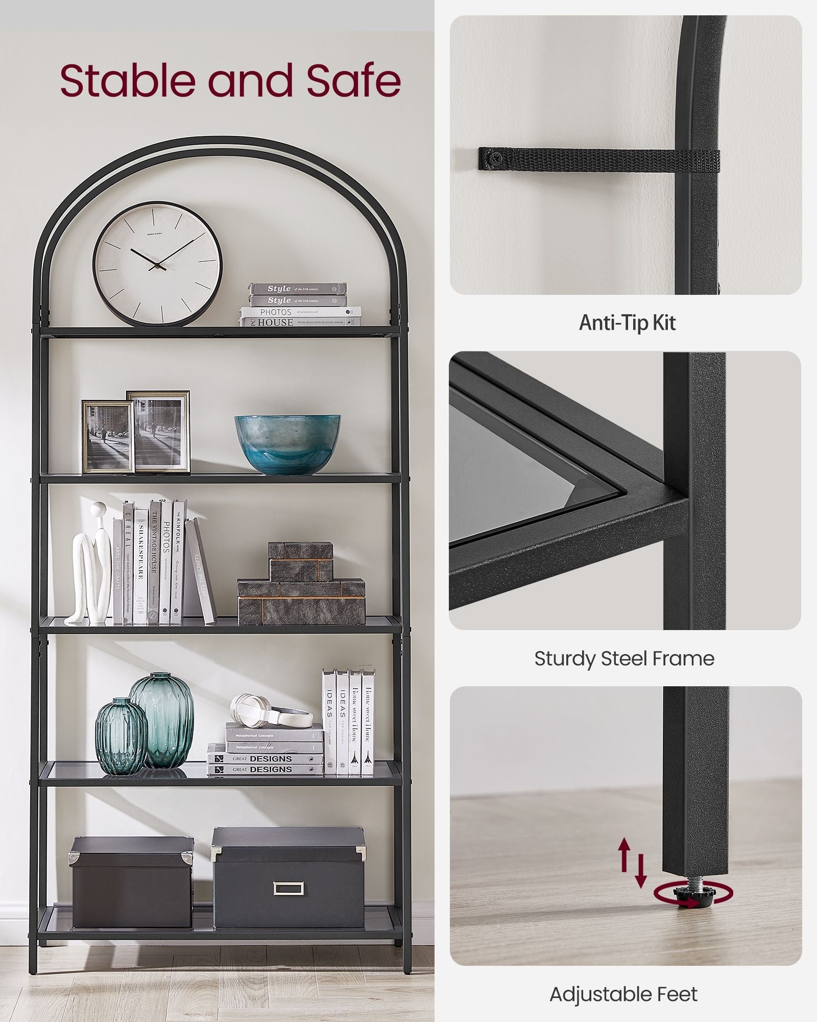 5-Tier Ladder Shelf – Glass and Metal – Black and Gold – Slim Design for Bedroom