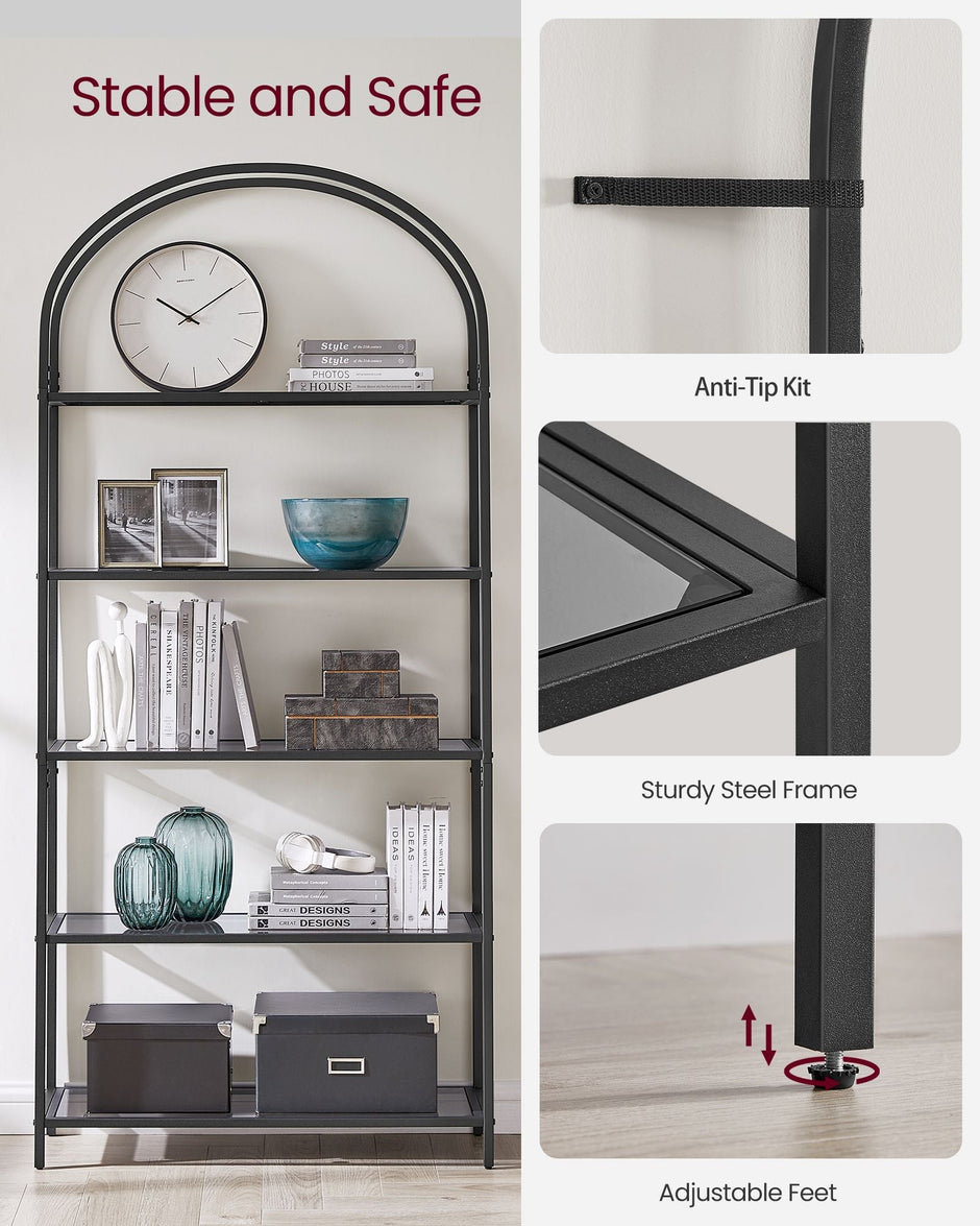 5-Tier Ladder Shelf – Glass and Metal – Black and Gold – Slim Design for Bedroom