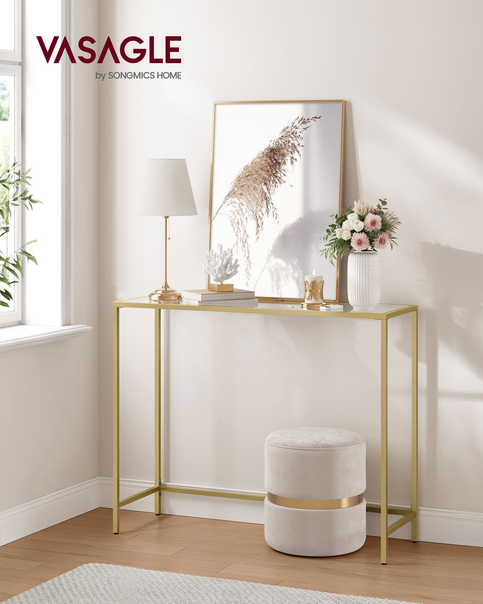 Console Table – Tempered Glass – Pale Gold – Modern Design with Adjustable Feet