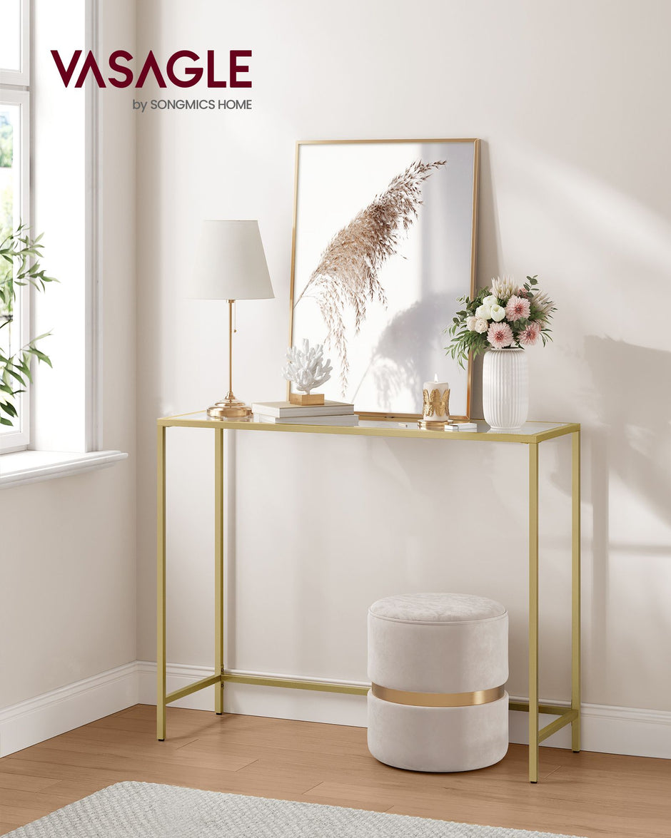 Console Table – Tempered Glass – Pale Gold – Modern Design with Adjustable Feet