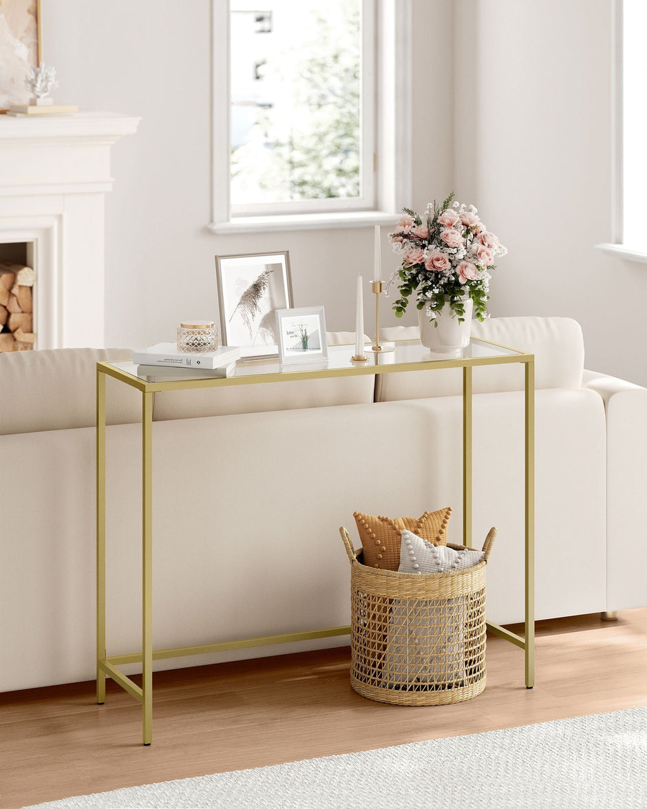 Console Table – Tempered Glass – Pale Gold – Modern Design with Adjustable Feet