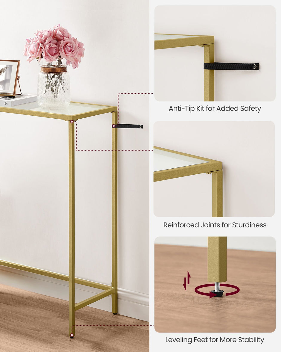 Console Table – Tempered Glass – Pale Gold – Modern Design with Adjustable Feet