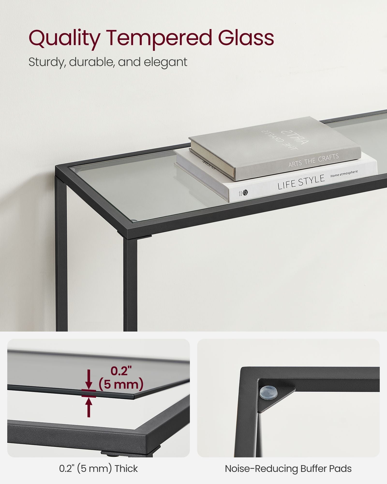 Console Table – Tempered Glass – Ink Black and Slate Grey – Modern Design with Adjustable Feet