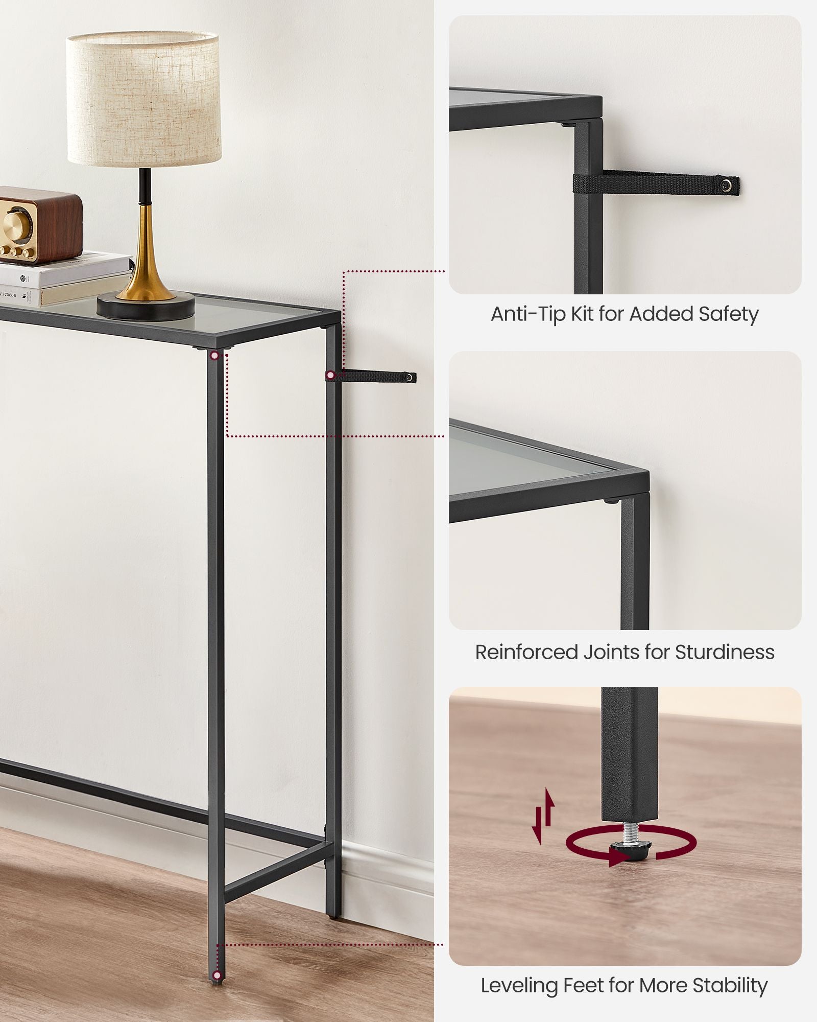 Console Table – Tempered Glass – Ink Black and Slate Grey – Modern Design with Adjustable Feet