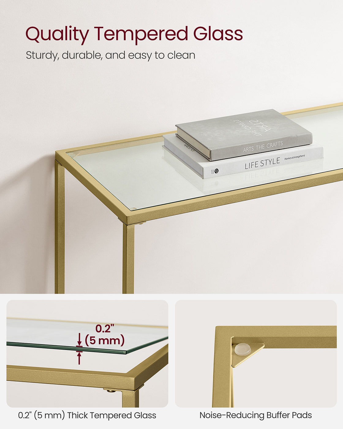 Console Table – Tempered Glass – Gold – Sturdy Design with Adjustable Feet