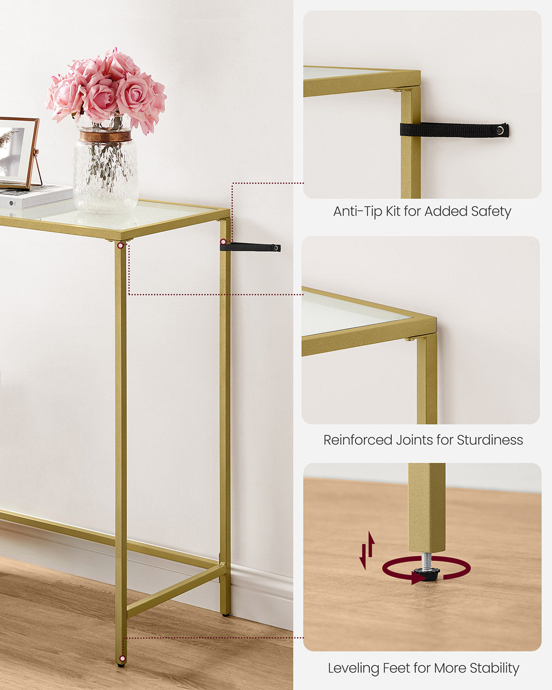 Console Table – Tempered Glass – Gold – Sturdy Design with Adjustable Feet