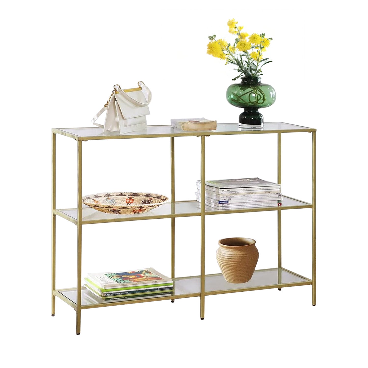 3-Tier Tempered Glass Sofa Table – Tempered Glass – Gold – Modern Storage Shelf, Easy Assembly