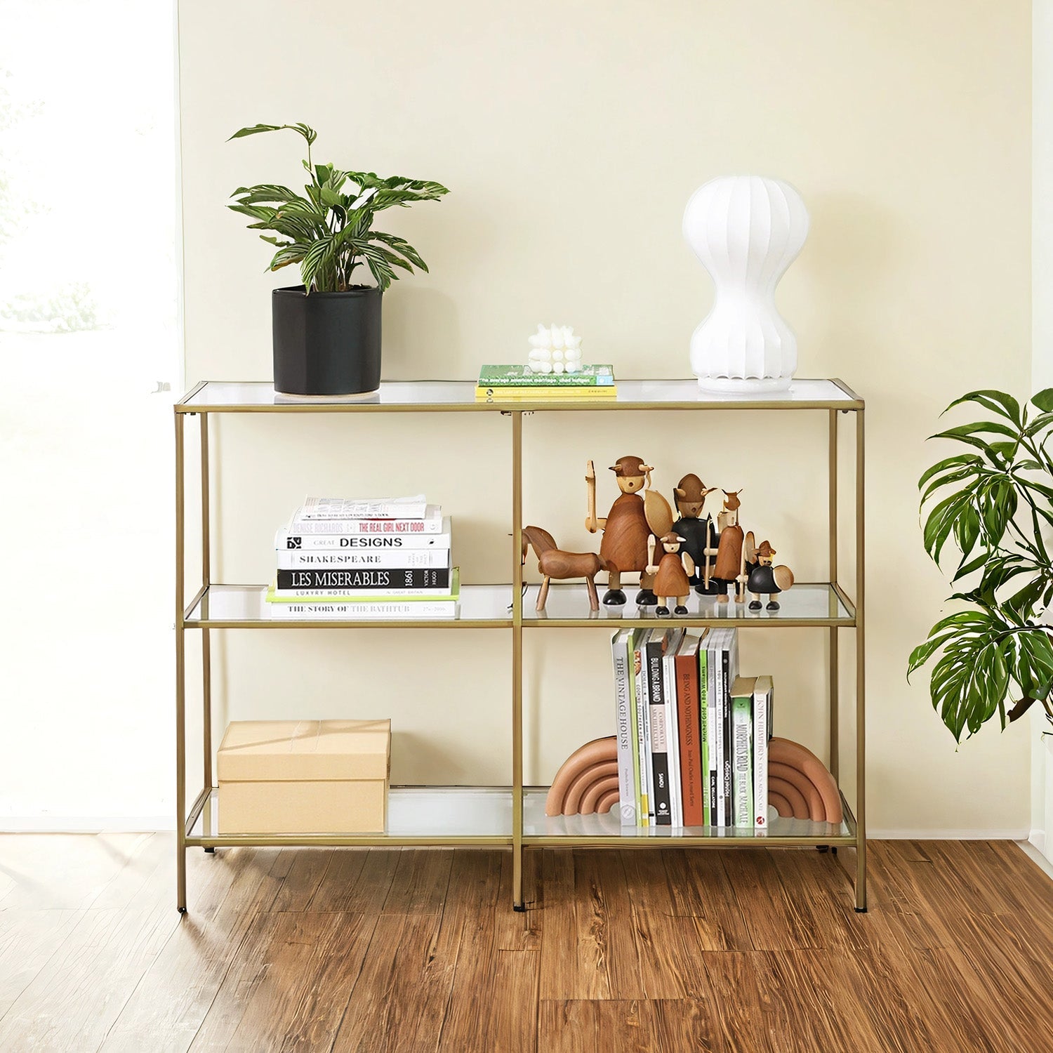 3-Tier Tempered Glass Sofa Table – Tempered Glass – Gold – Modern Storage Shelf, Easy Assembly