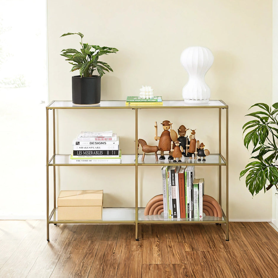 3-Tier Tempered Glass Sofa Table – Tempered Glass – Gold – Modern Storage Shelf, Easy Assembly