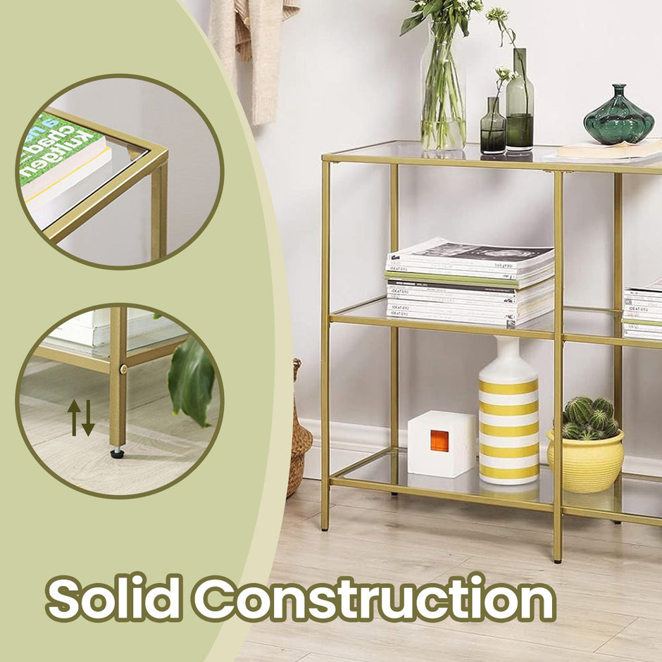 3-Tier Tempered Glass Sofa Table – Tempered Glass – Gold – Modern Storage Shelf, Easy Assembly