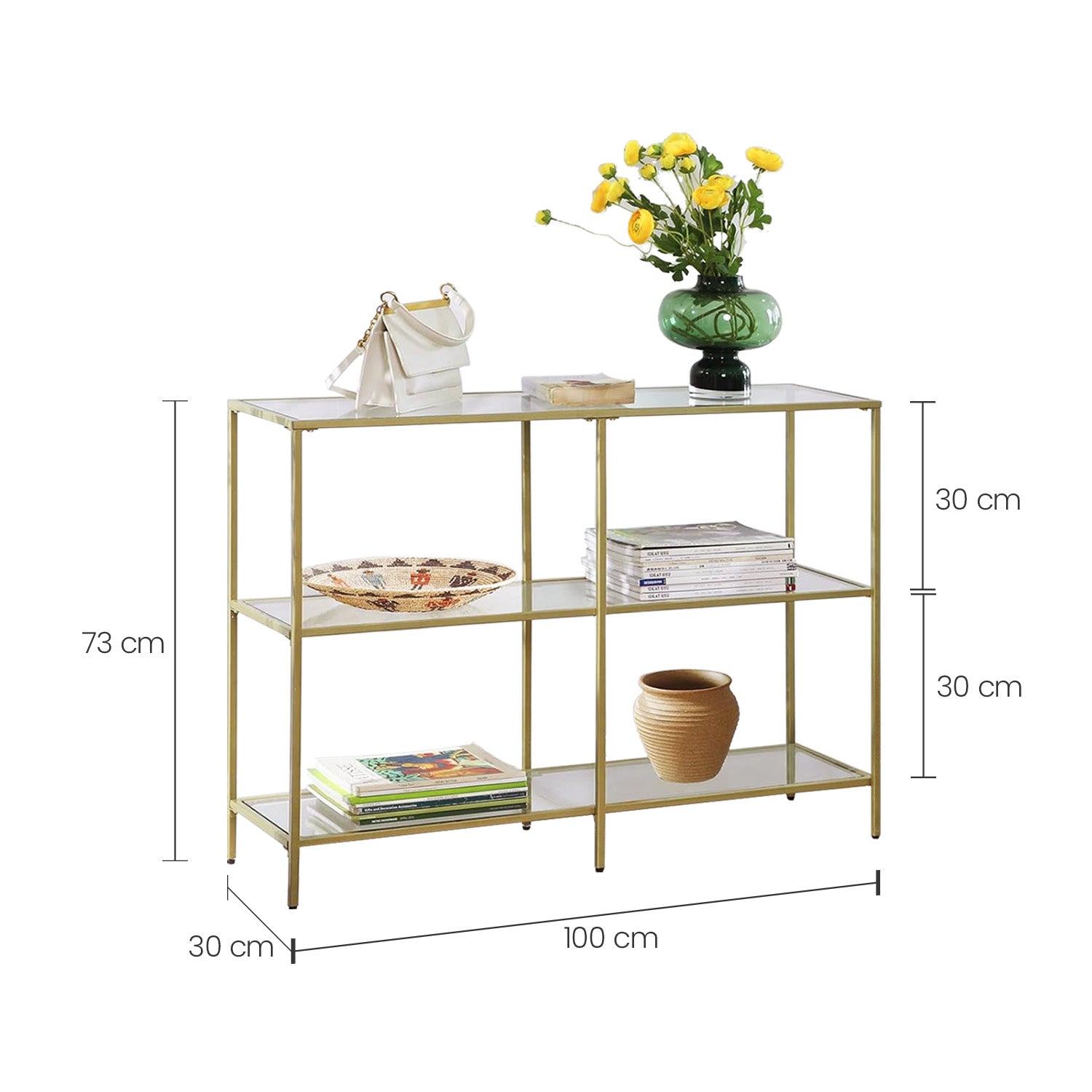 3-Tier Tempered Glass Sofa Table – Tempered Glass – Gold – Modern Storage Shelf, Easy Assembly