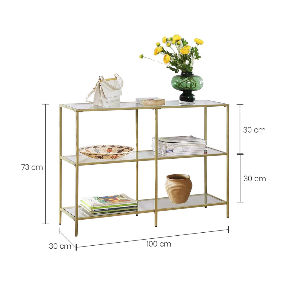 3-Tier Tempered Glass Sofa Table – Tempered Glass – Gold – Modern Storage Shelf, Easy Assembly