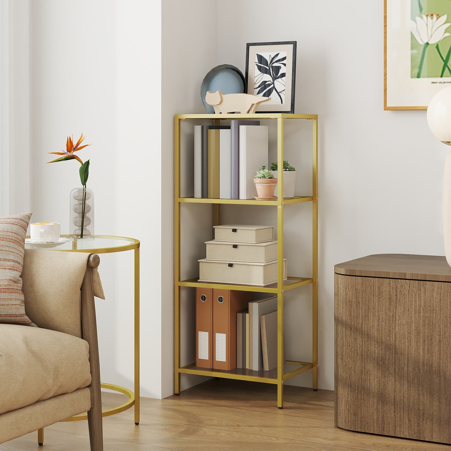 Bookcase – Tempered Glass and Steel – Gold – 4-Tier Shelf for Versatile Storage