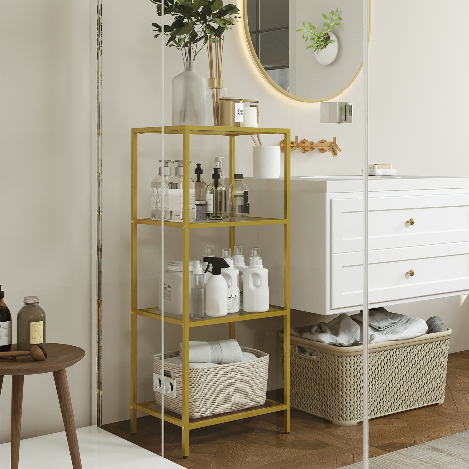 Bookcase – Tempered Glass and Steel – Gold – 4-Tier Shelf for Versatile Storage