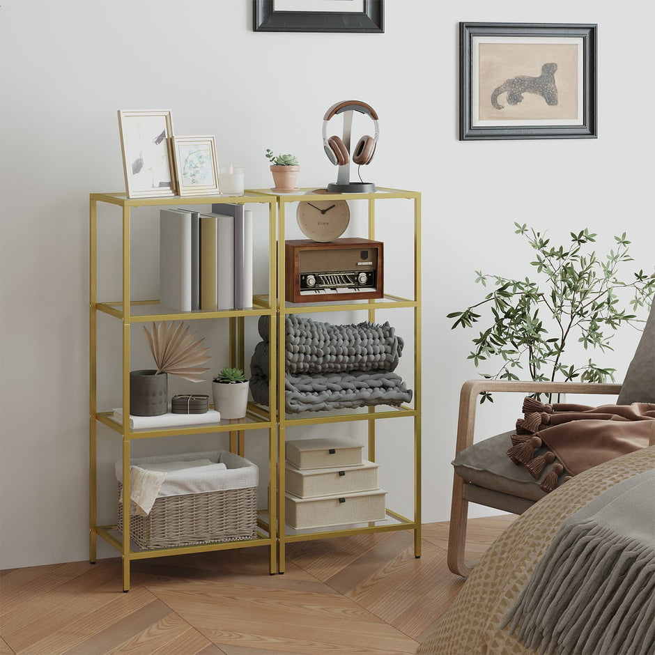 Bookcase – Tempered Glass and Steel – Gold – 4-Tier Shelf for Versatile Storage