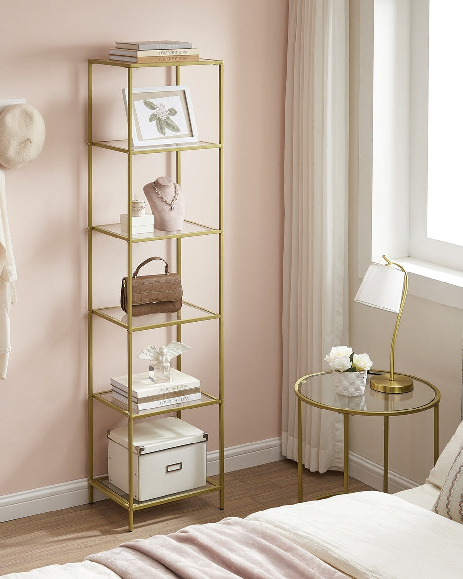 Glass Shelf Bookcase – Tempered Glass – Clear – 5-Tier Design for Versatile Storage