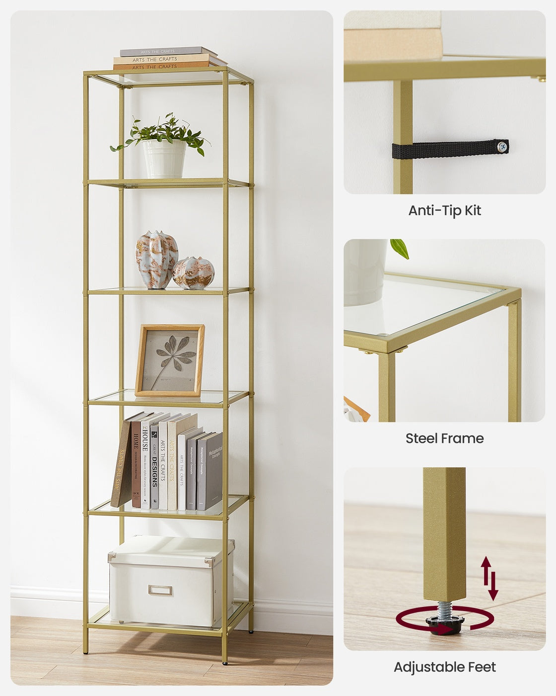 Glass Shelf Bookcase – Tempered Glass – Clear – 5-Tier Design for Versatile Storage