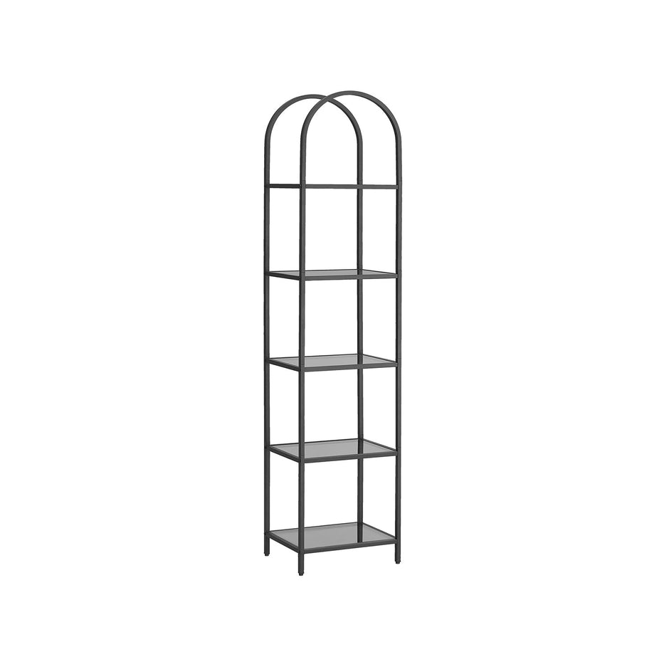 5-Tier Tempered Glass Shelving Unit – Steel – Ink Black and Slate Grey – Arched Design