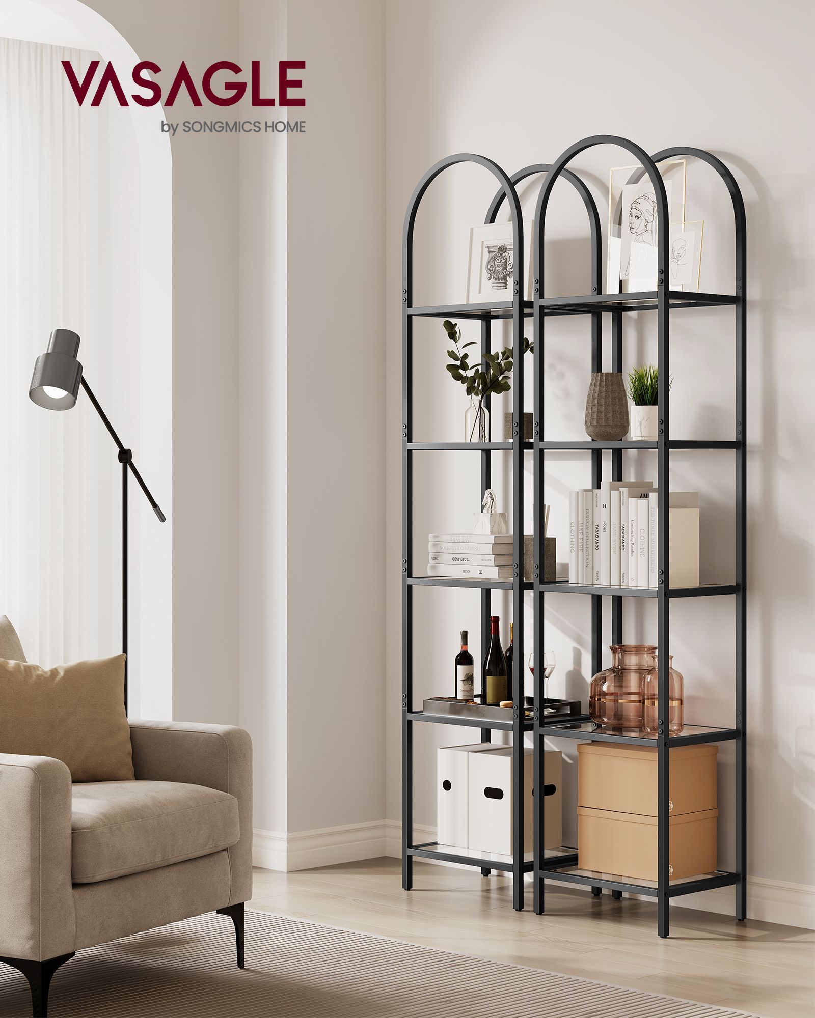 5-Tier Tempered Glass Shelving Unit – Steel – Ink Black and Slate Grey – Arched Design
