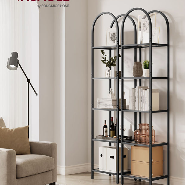 5-Tier Tempered Glass Shelving Unit – Steel – Ink Black and Slate Grey – Arched Design
