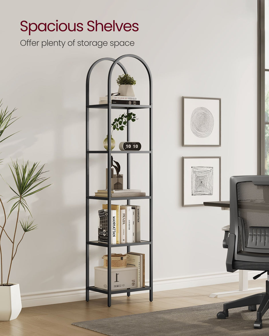 5-Tier Tempered Glass Shelving Unit – Steel – Ink Black and Slate Grey – Arched Design