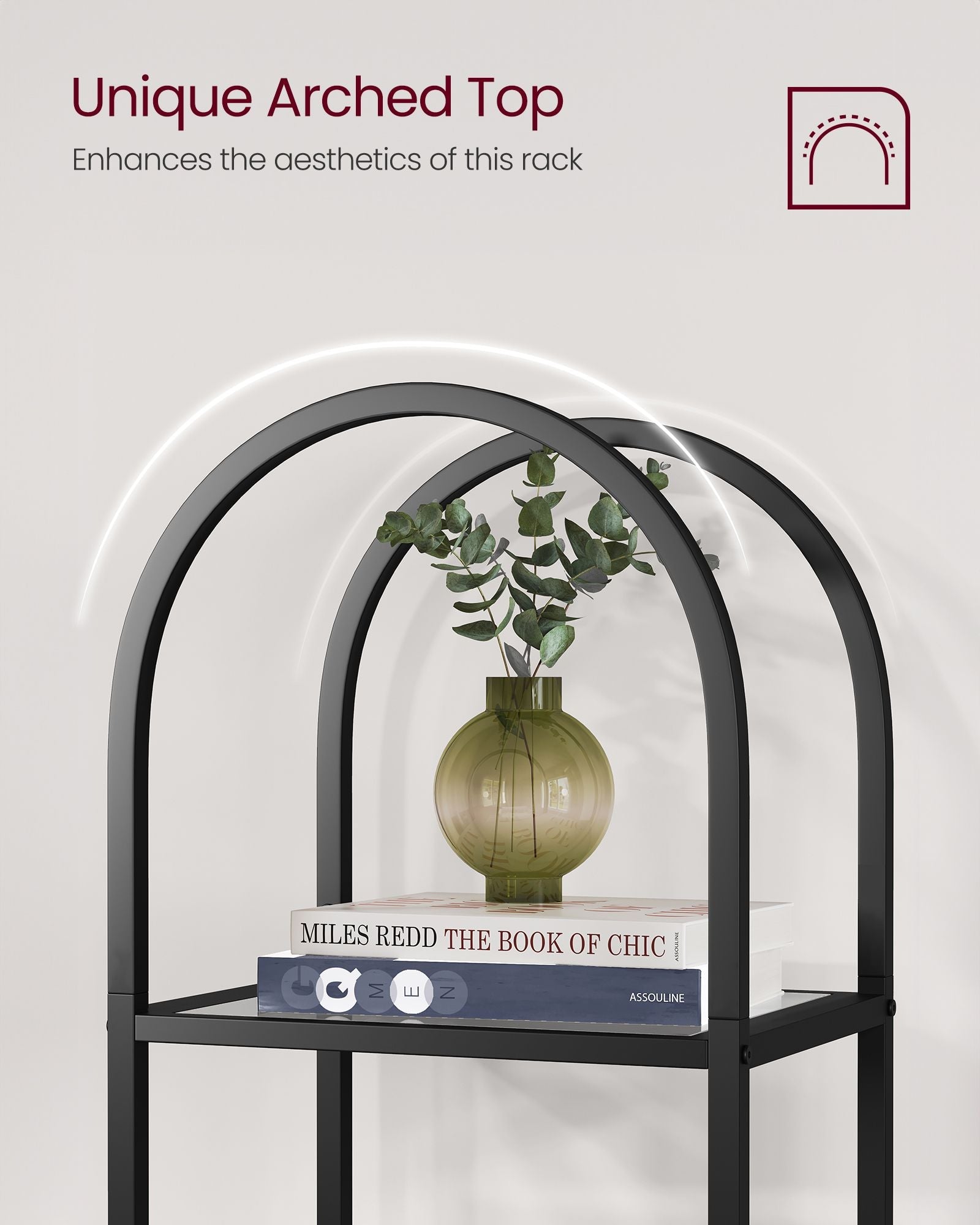 5-Tier Tempered Glass Shelving Unit – Steel – Ink Black and Slate Grey – Arched Design