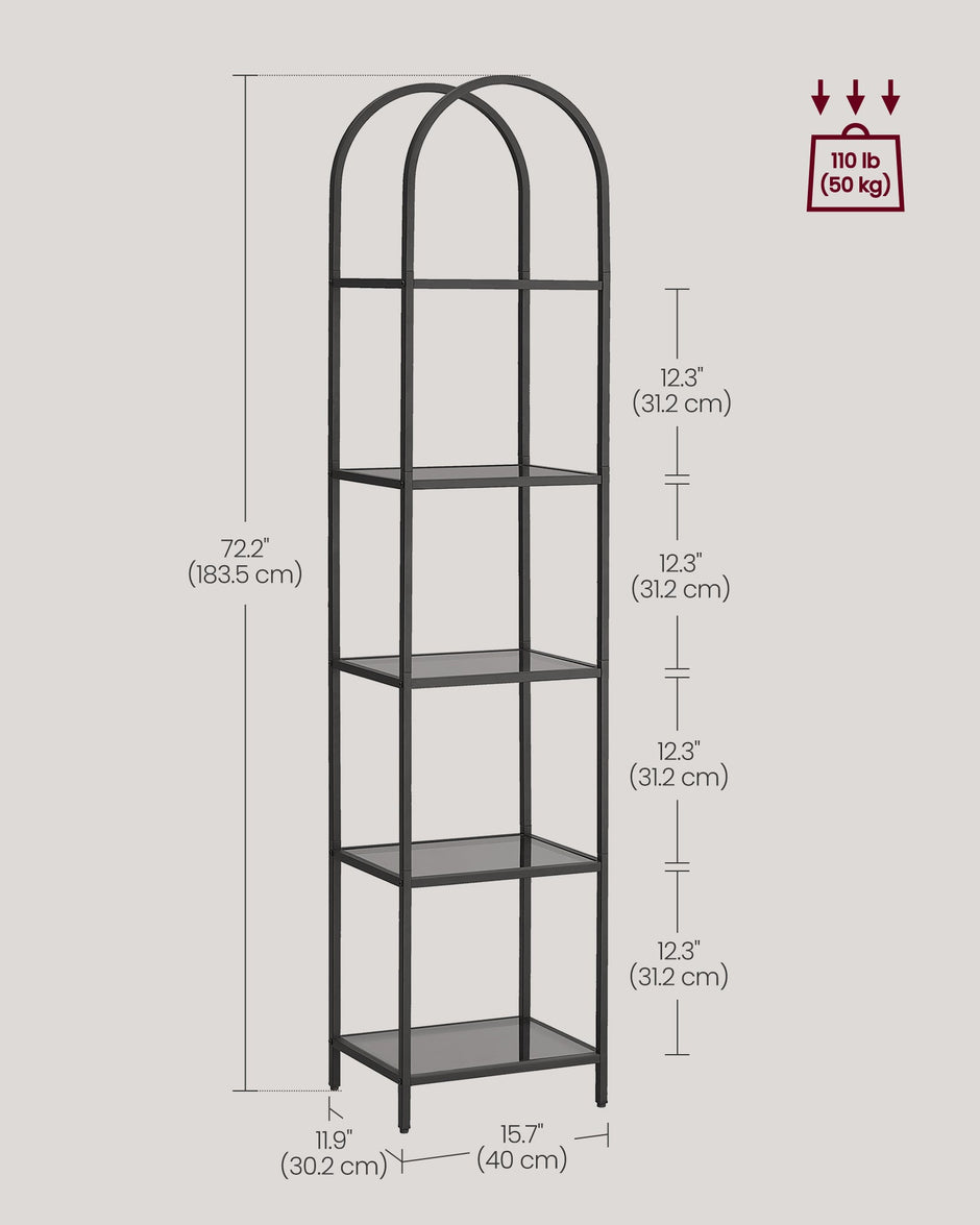 5-Tier Tempered Glass Shelving Unit – Steel – Ink Black and Slate Grey – Arched Design