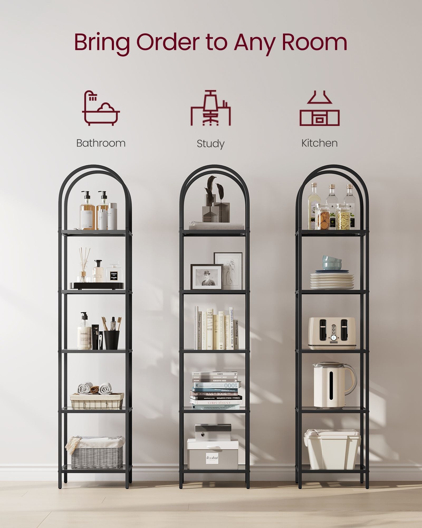 5-Tier Tempered Glass Shelving Unit – Steel – Ink Black and Slate Grey – Arched Design