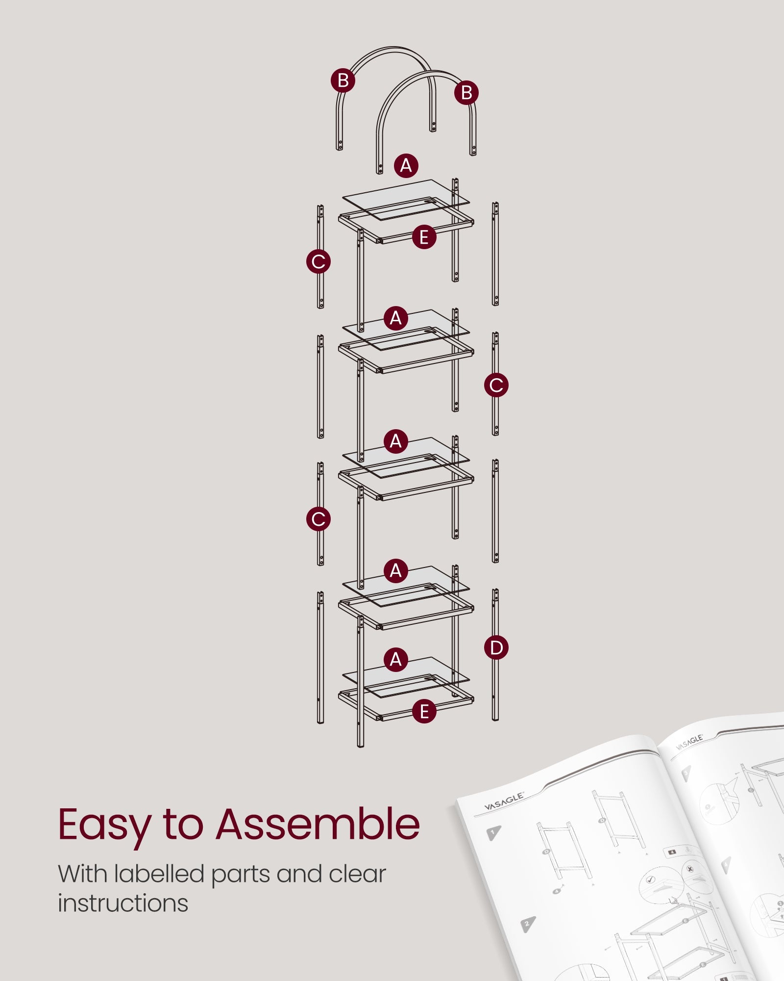 5-Tier Tempered Glass Shelving Unit – Steel – Ink Black and Slate Grey – Arched Design