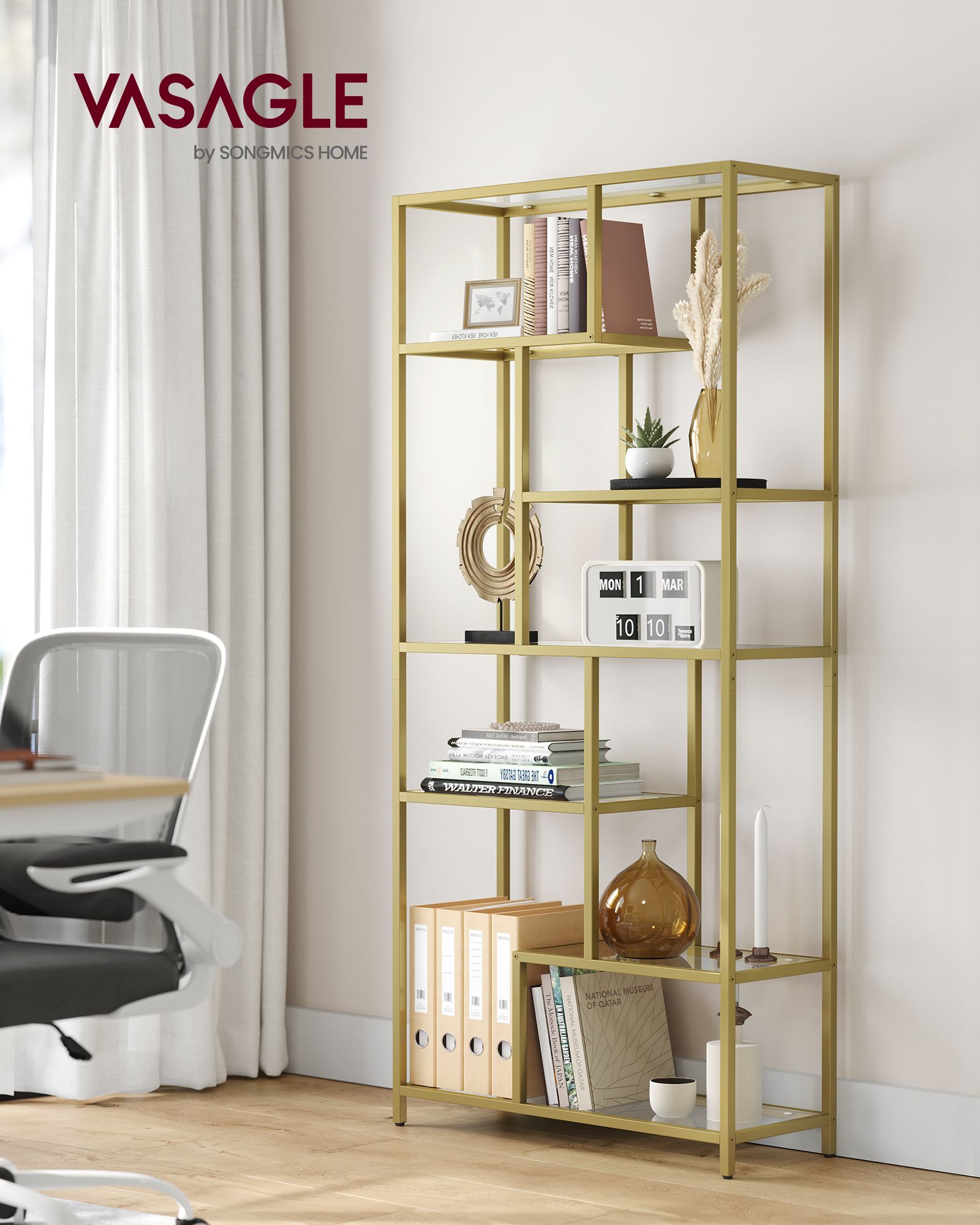 Tall Bookcase – Tempered Glass – Clear – 6-Tier Design for Versatile Display and Storage