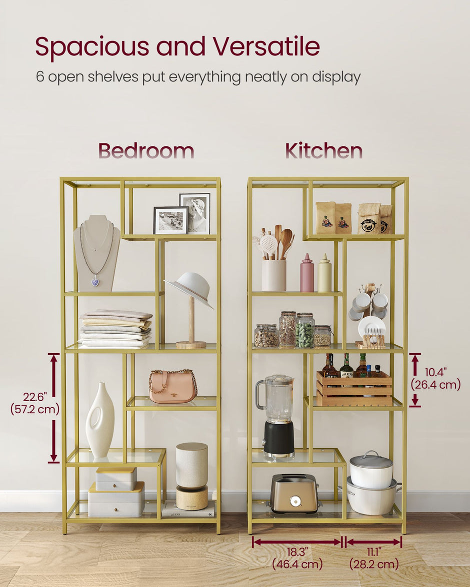 Tall Bookcase – Tempered Glass – Clear – 6-Tier Design for Versatile Display and Storage