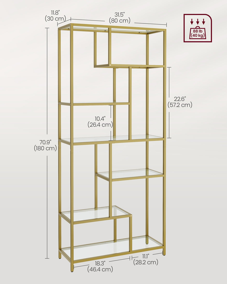 Tall Bookcase – Tempered Glass – Clear – 6-Tier Design for Versatile Display and Storage