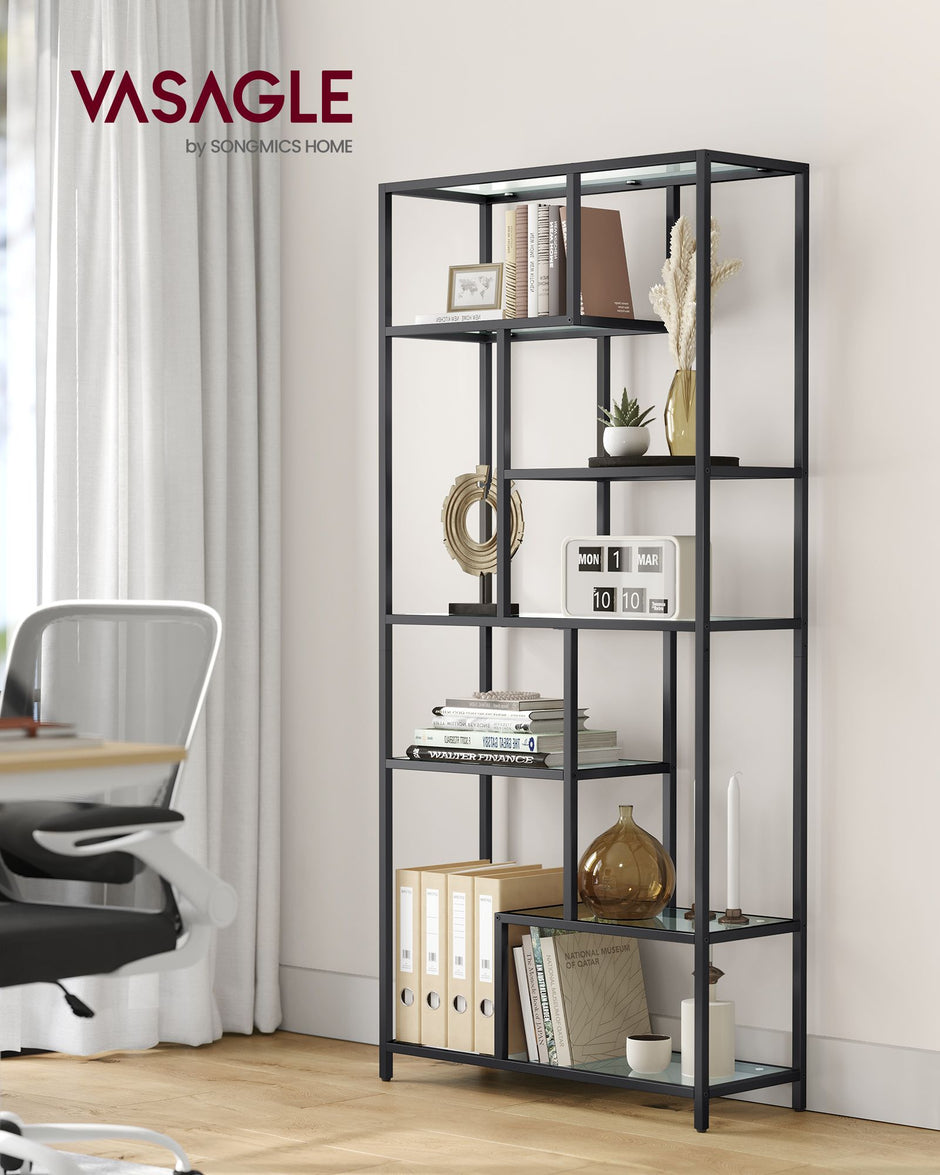 Tall Bookcase – Tempered Glass – Clear – 6 Tiers, Multi-Purpose Display and Plant Stand