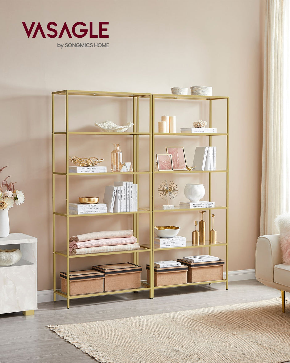 6-Tier Shelf – Tempered Glass – Metallic Gold – Versatile Storage for Home and Office
