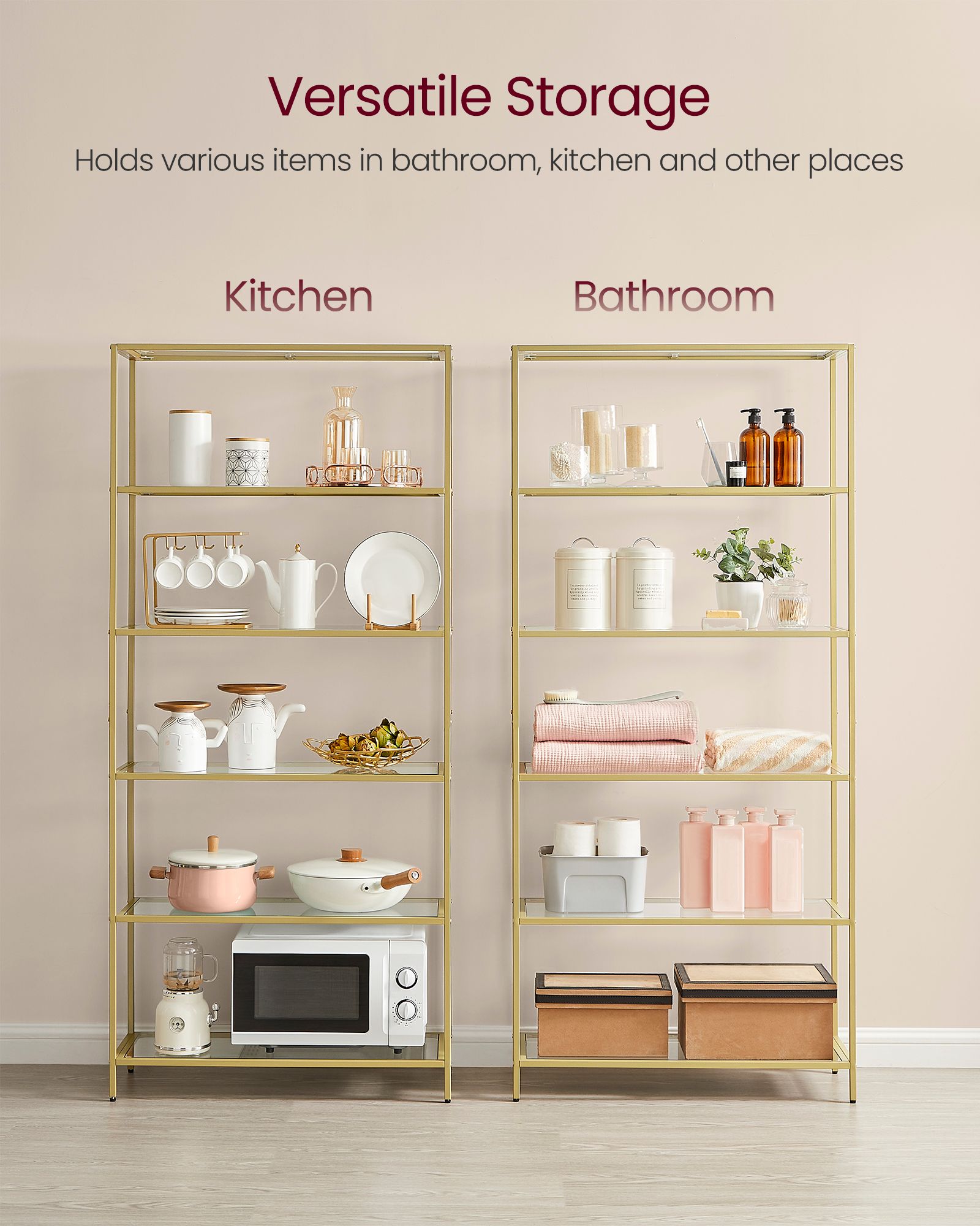 6-Tier Shelf – Tempered Glass – Metallic Gold – Versatile Storage for Home and Office