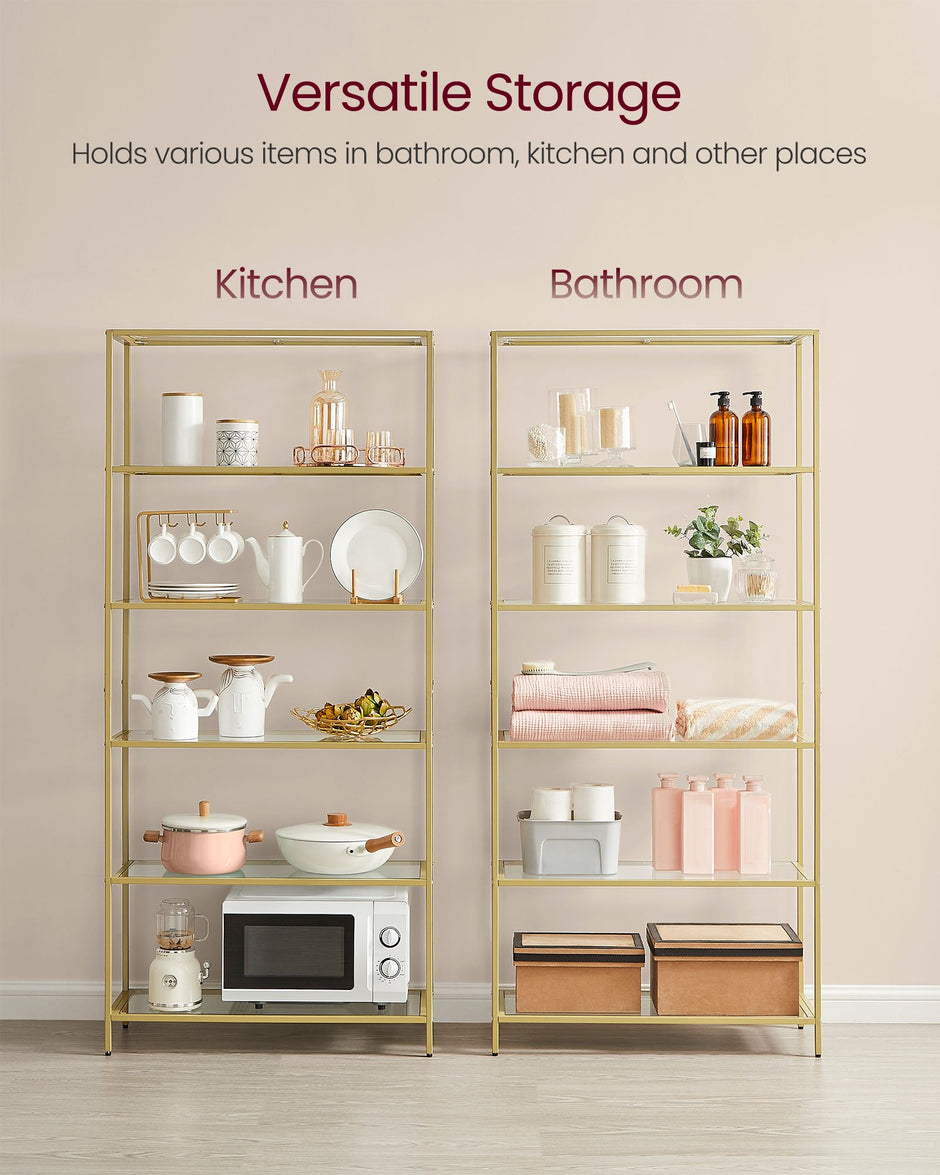 6-Tier Shelf – Tempered Glass – Metallic Gold – Versatile Storage for Home and Office