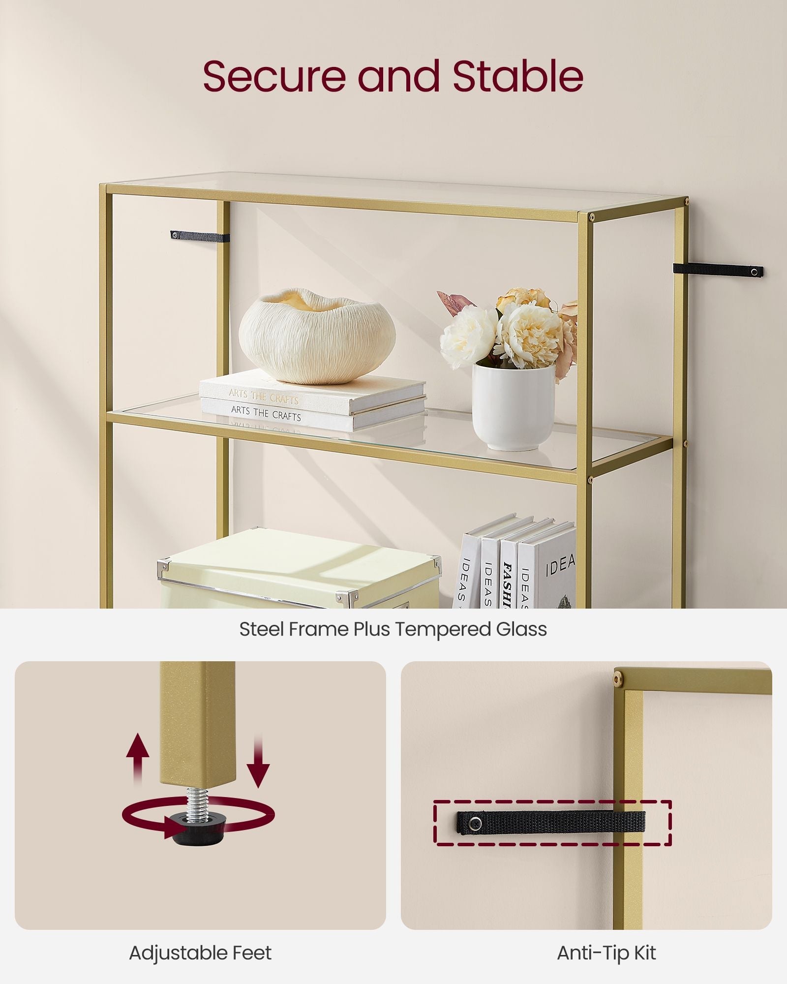 6-Tier Shelf – Tempered Glass – Metallic Gold – Versatile Storage for Home and Office