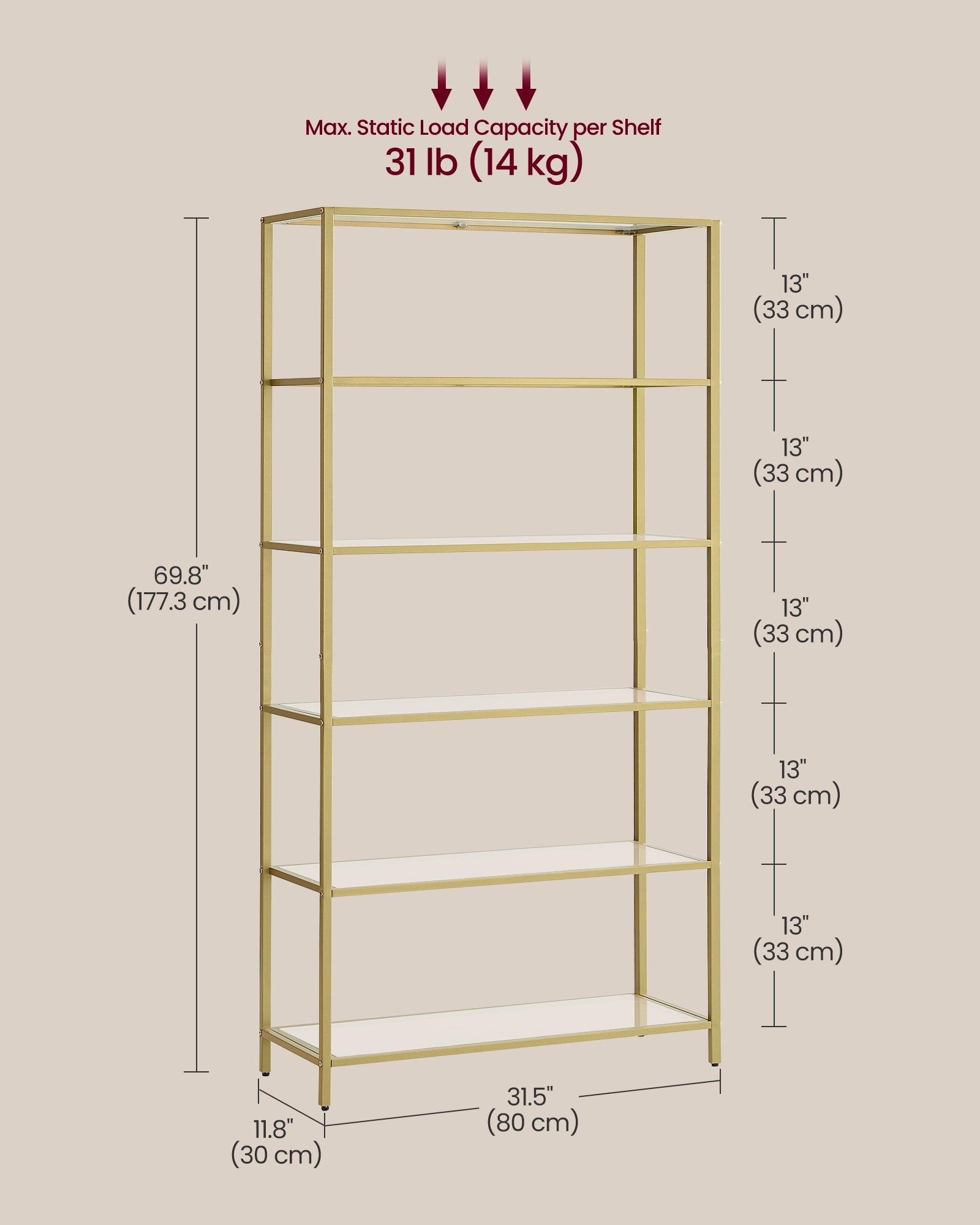 6-Tier Shelf – Tempered Glass – Metallic Gold – Versatile Storage for Home and Office