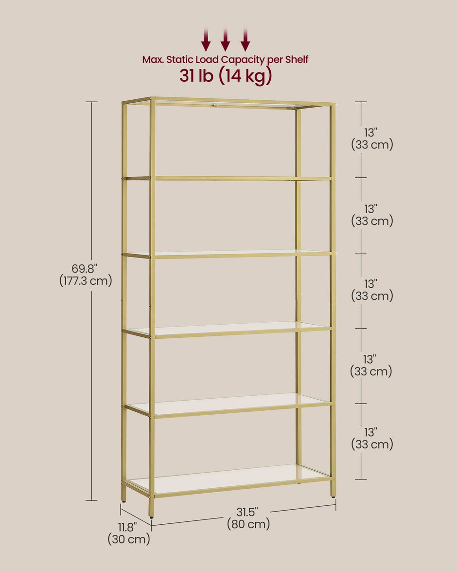 6-Tier Shelf – Tempered Glass – Metallic Gold – Versatile Storage for Home and Office